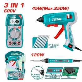COMBO MULTIMETRO 600V + PISTOLA SILICONA 250W + CAUTIN 120W + ACC INDUSTRIAL -