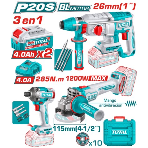 COMBO  KIT TALADRO PERCUTOR 66NM, AMOLADORA 1200WMAX Y ROTOMARTILLO 26MM 20V - 2BAT/CAR - TOTAL