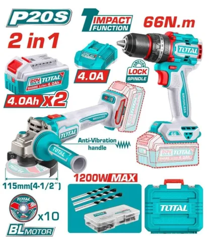 COMBO 2EN1 20V TALADRO 66NM + AMOLADORA 1200W 2X4.0AH + ACC MALETIN -
