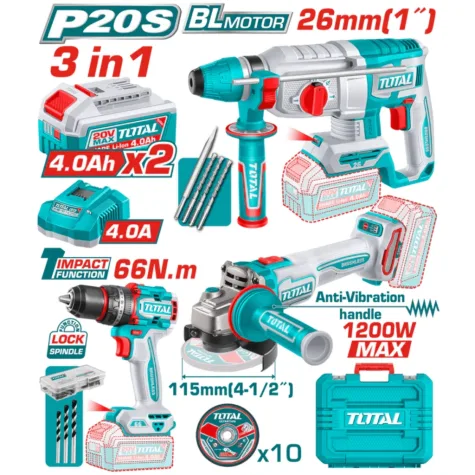 COMBO  KIT TALADRO PERCUTOR 66NM, AMOLADORA 1200WMAX Y ROTOMARTILLO 26MM 20V - 2BAT/CAR - TOTAL